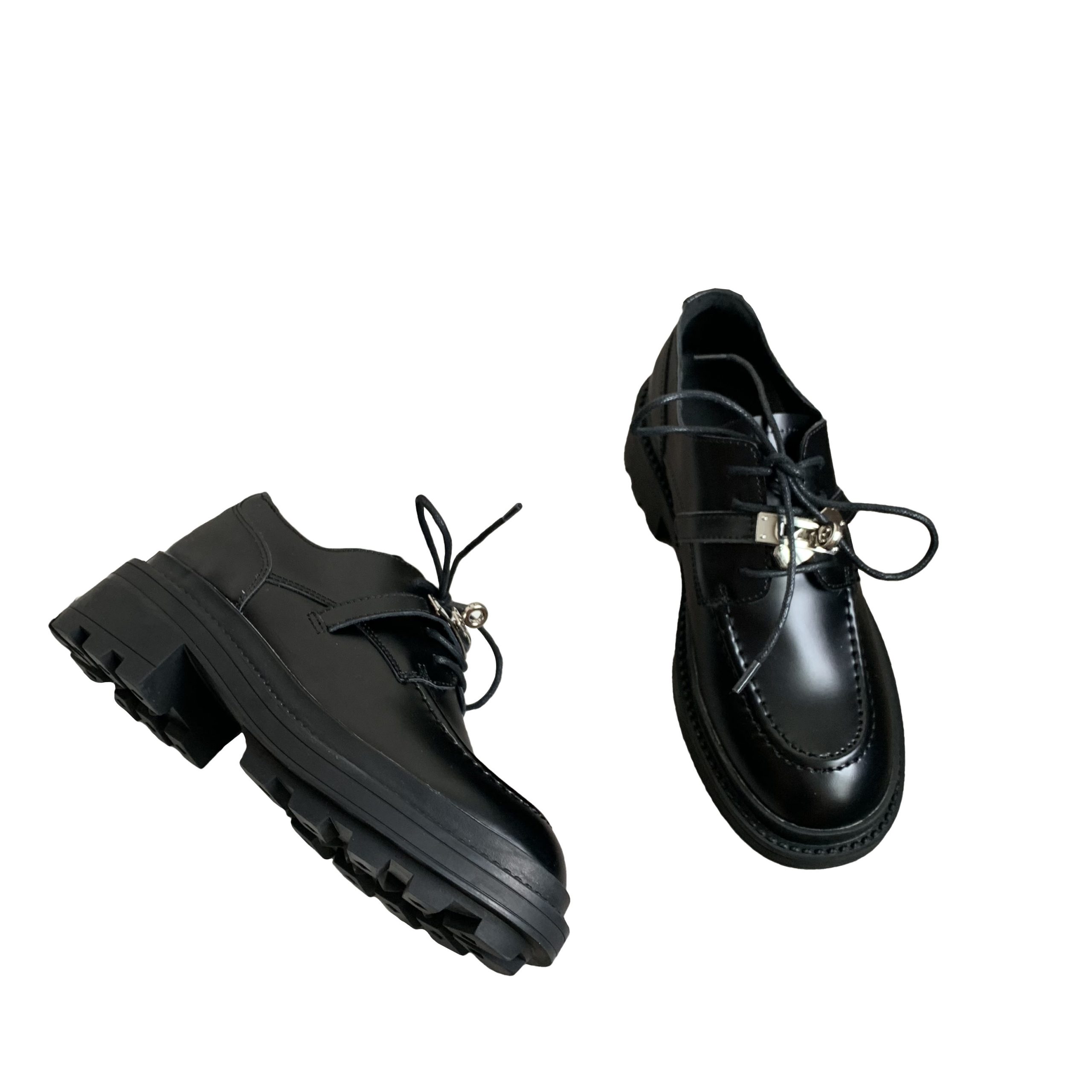 2024 New British Style Lock Buckle Loafer Flat Shoes Thick Sole Chunky Heel Lace Up Oxford Women's Leather Shoes - Image 5