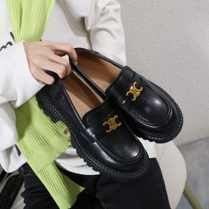 2023 Spring College Style Round Toe Thick Sole Height Increasing Casual Loafer Shoes for Women Genuine Leather