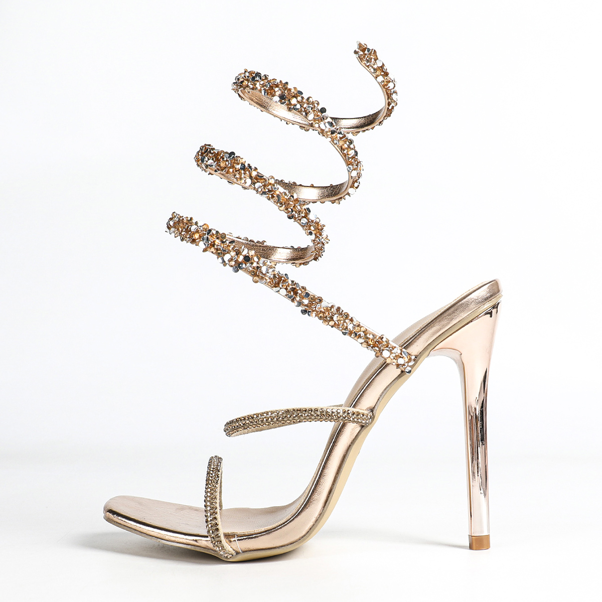 European American New Style Snake Winding Rhinestone Shoes French Thin Heel Sandals Rhinestone Women's Ultra High Heel Wedding Shoes 11.5CM - Image 5