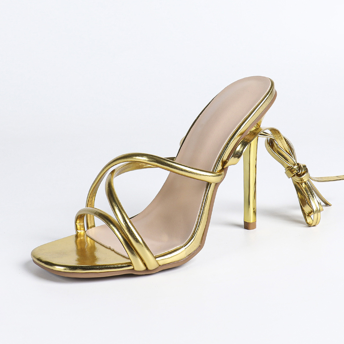 Women's Open Toe Roman Style Gold Thin Heel Strappy High Heel Sandals - Image 5