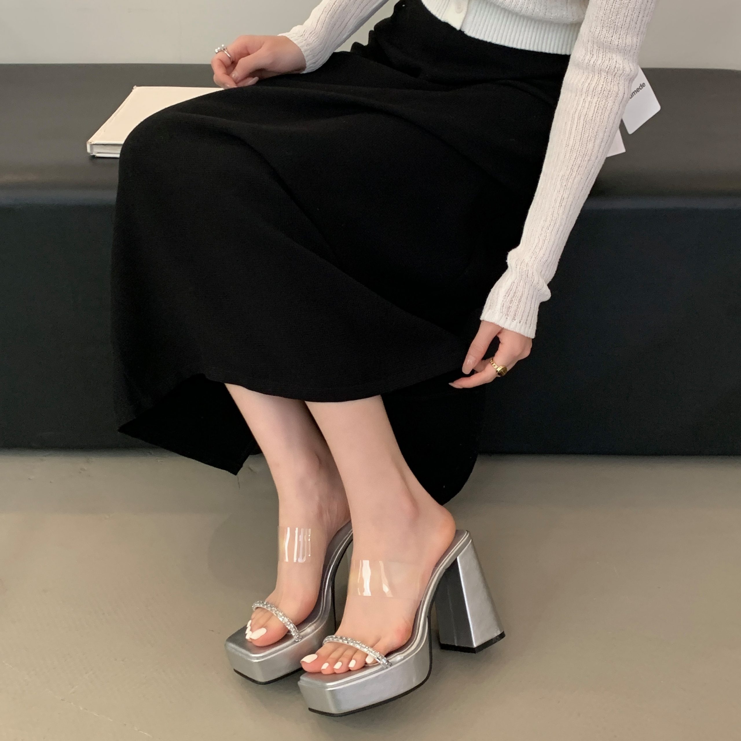 Women's 11CM Chunky Heel Platform Slippers with Rhinestones - Image 3