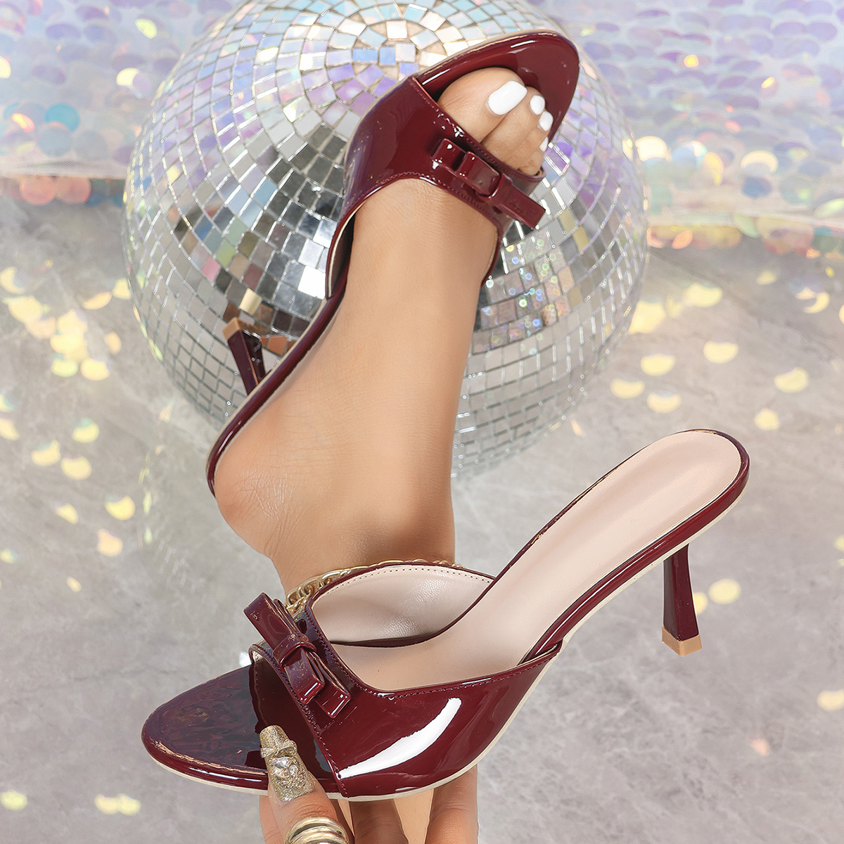 Multicolor French Bow One-Strap High Heel Sandals Fairy Style Round Toe Open Toe 7CM Thin Heel Slippers Large Size - Style f15fcb - Image 3