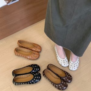 Retro Rivet Hollow Ballet Flats for Women 2026 Summer New Arrival Slip-On Split Toe Mary Jane Shoes