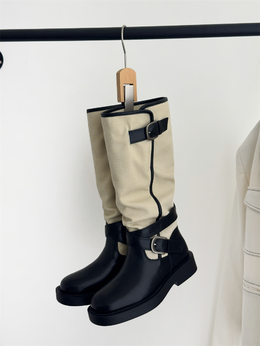 Black Color-Block Retro High-Top Riding Boots for Women Autumn Winter Belt Buckle Chunky Heel Slim Legs Over Knee Niche Tall Boots - Image 2