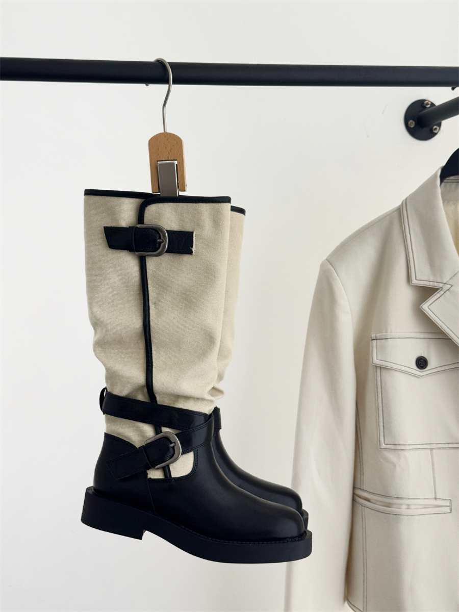 Black Color-Block Retro High-Top Riding Boots for Women Autumn Winter Belt Buckle Chunky Heel Slim Legs Over Knee Niche Tall Boots - Image 3