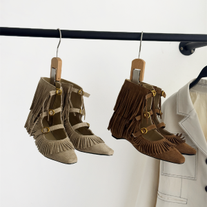 Vintage Flat Inner Heightening Fringe Short Boots 2026 Spring Summer New Hollow Pointed Toe Mary Jane Sandals